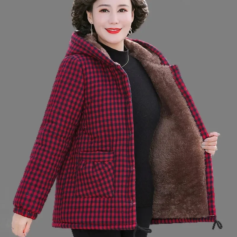 2024 Frauen Wintermantel Fleece gefüttert Baumwolle gepolsterte Jacke Plaid druck dicke warme Kapuzen oberteile übergroße Lamm wolle Mäntel