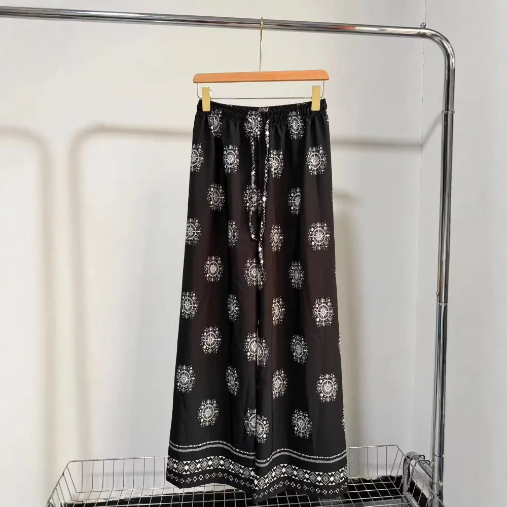 Boho Printed Long Pants Thin Soft Women's Wide Leg Trousers Drooping Sensation Bkack White Straight-Leg Pants For Women