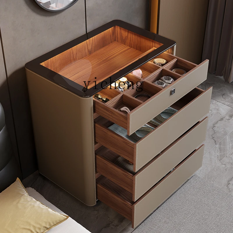 XL1 Saddle Leather Bedroom Chest Multifunctional Solid Wood Fingerprint Lock Jewelry Display Storage Cabinet