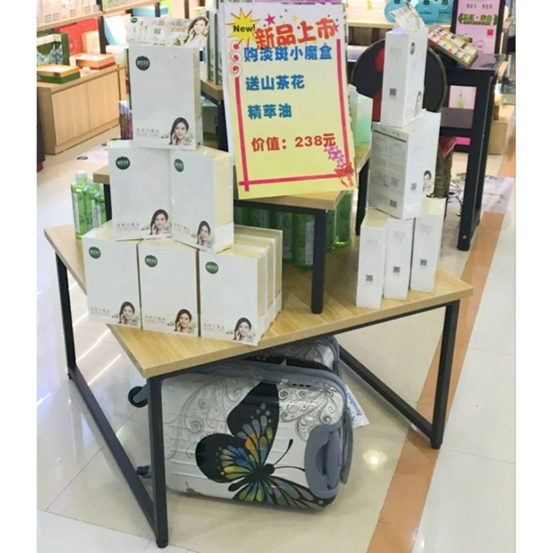 custom.Supermarket Promotion Custom Metal Wood Display Rack Stand Shelf Light Duty Use Milk Wine & Snack Food Beverages