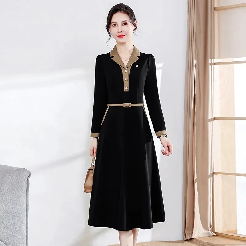 High End Long Sleeved Dress Women\'s Mid Length 2023 Spring Autumn New Fashion Versatile Slim And Belly Covering Dress With Belt