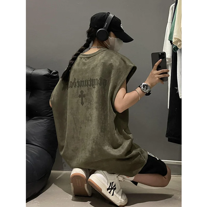 

Military green suede vest men's summer oversize heavyweight trendy brand vest sleeveless t-shirt American couple sweatshirt Y2K