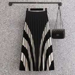 Black Striped Knitted Long Elegant High-Waisted Women'S Spring Autumn Winter Skirts Korean Style Fashion Harajuku Clothes