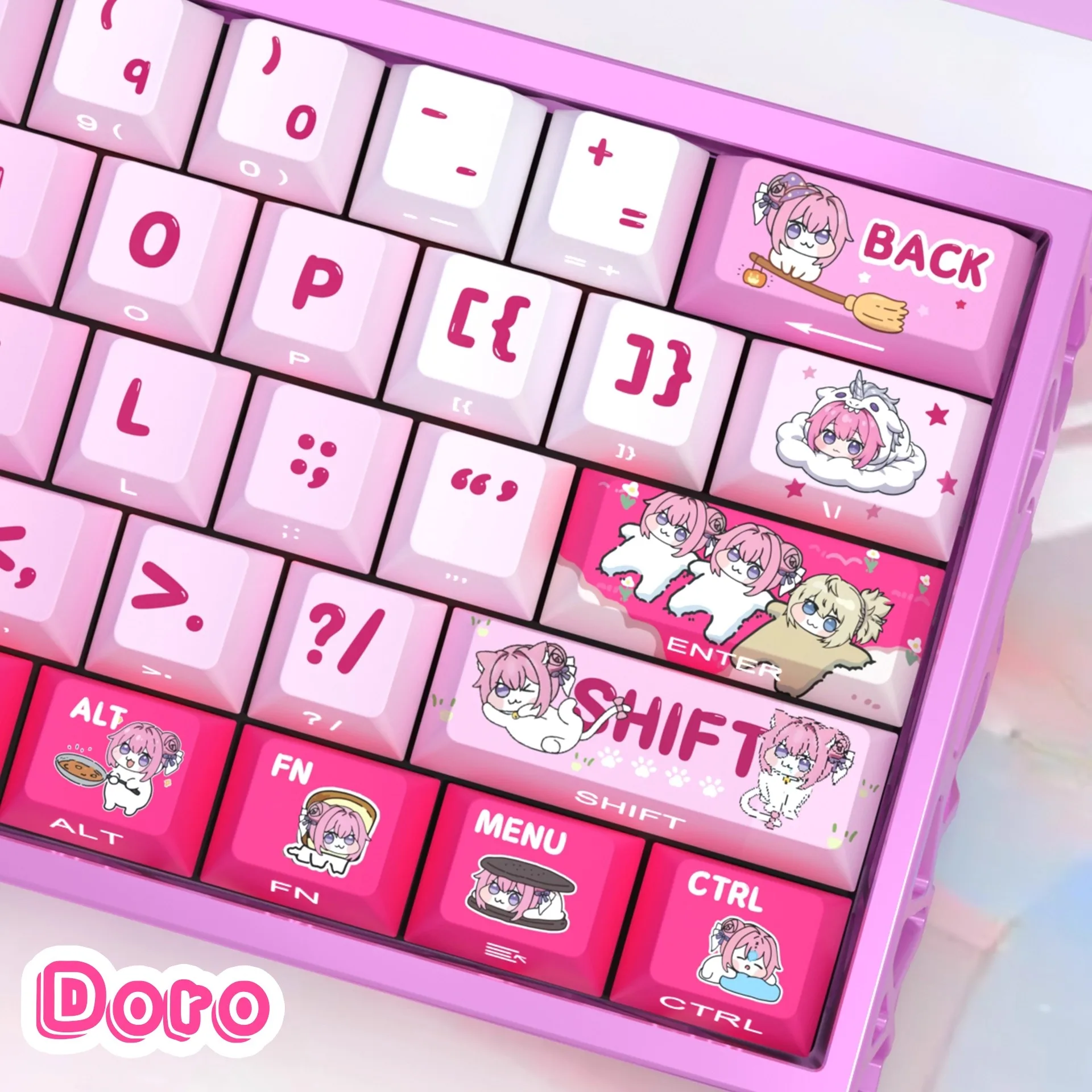 Cute Doro Theme Keycaps Pink PBT Dye Cherry Profile Customised Transparent Gaming Keyboard Cap for Mechanical Keyboard Accessory