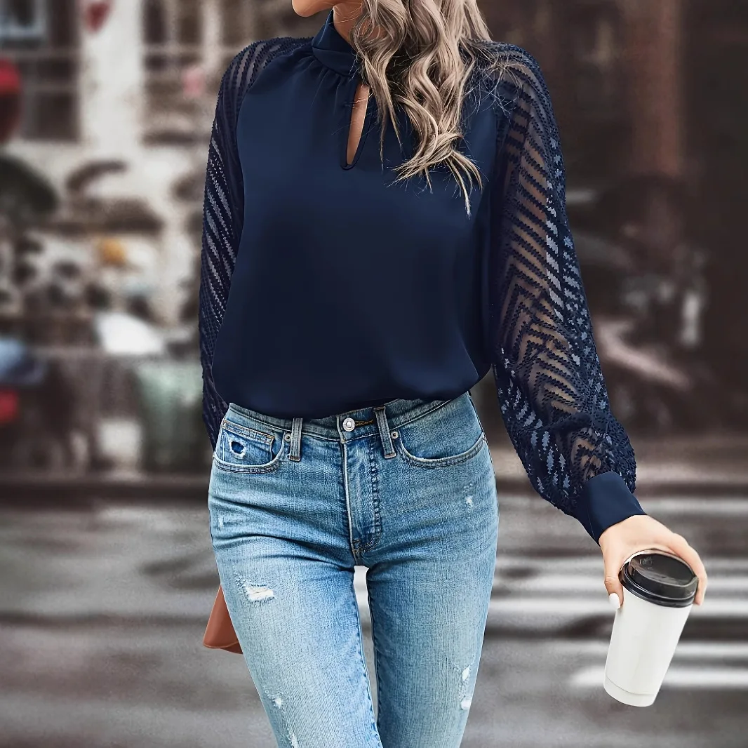 Blusa elegante de oficina para mujer, Tops de primavera 2026, nueva camisa de gasa de malla con empalme de cuello medio alto, Top de manga larga para mujer