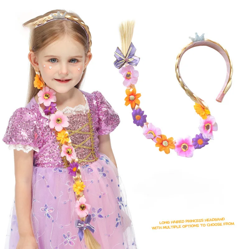 Multiple Styles Princess Dress up Wigs, Princess Rapunzel Long Braided Wig Headbands Flowers Adorn for Girls Costume Accessories