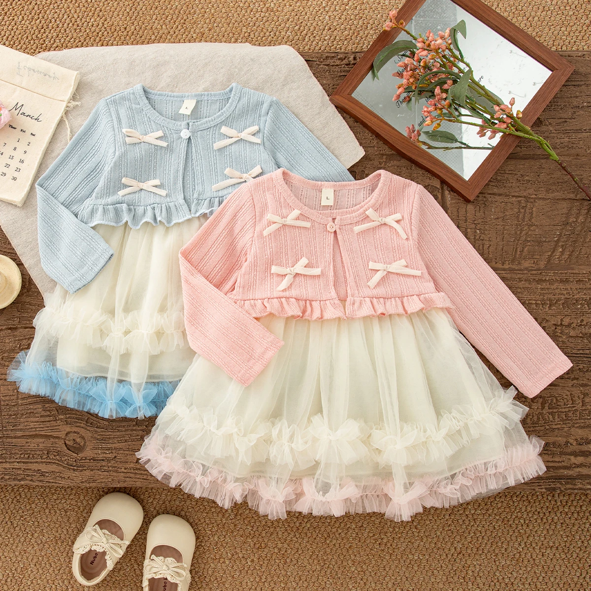 Spring Autumn Dress for Baby Girl Sweet Princess Style Bow Knit Long Sleeve Gauze Dress for Girls Wedding Party