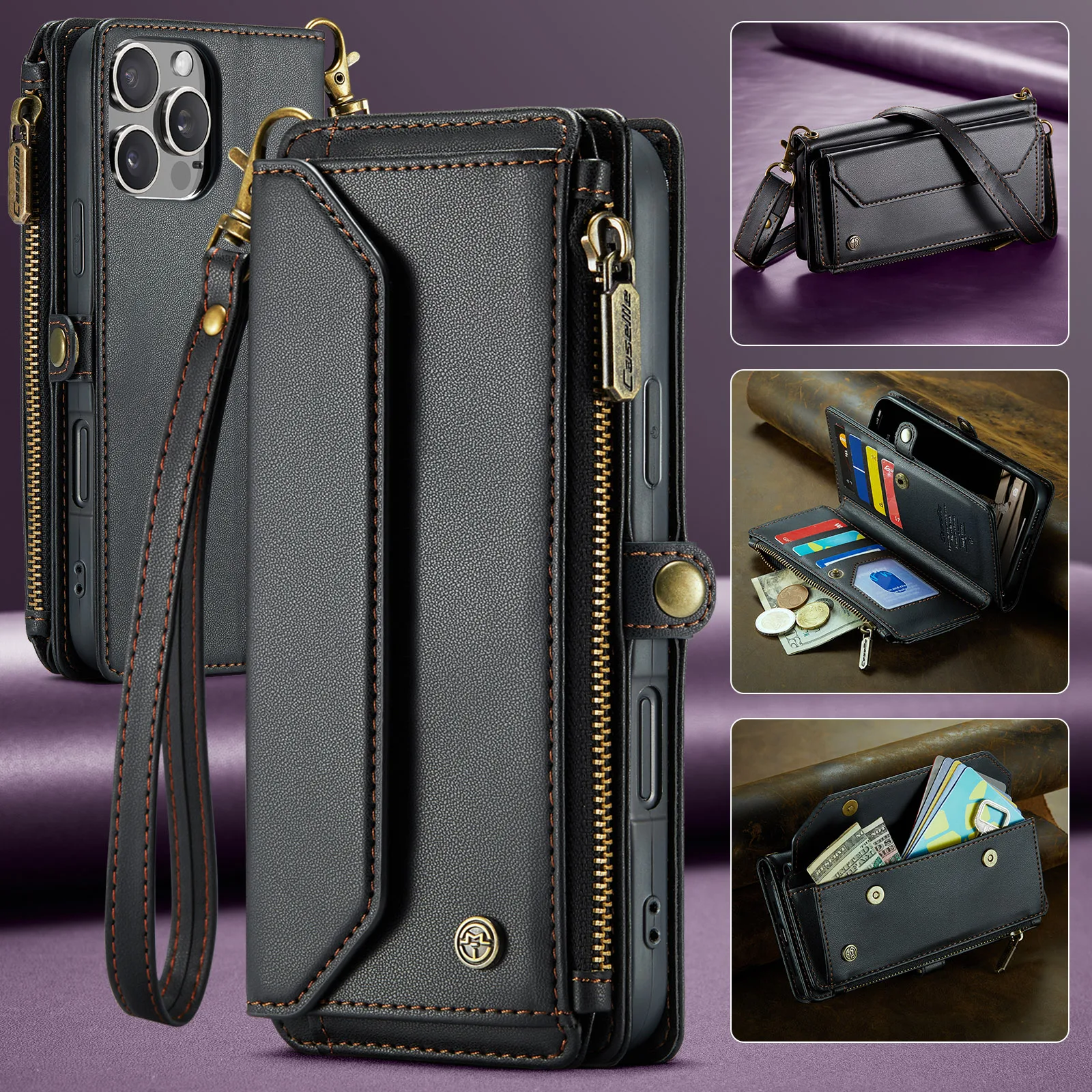 

CaseMe-C36 For iPhone 16 15 14 13 Pro Max 12 11 XS XR Luxury Magnetic Flip PU Leather Wrise Wallet Case Card Holder Cover +Strap