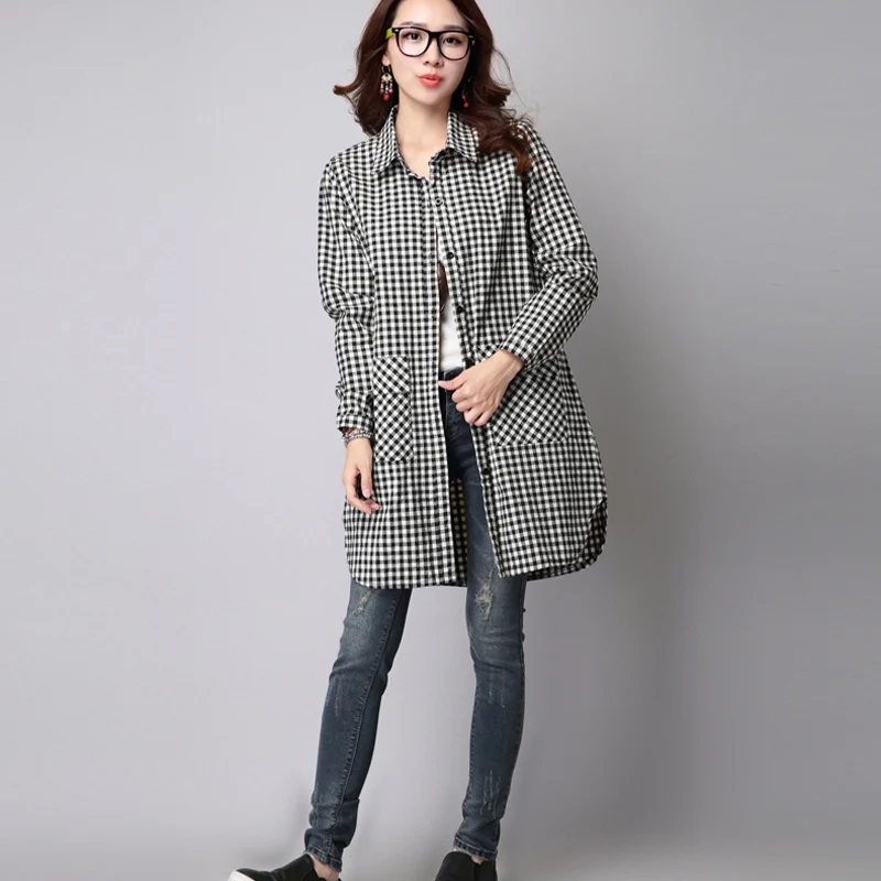 2024 Spring Autumn New Long Sleeved Checkered Casual Shirt for Women Mid Length Bottom Loose Size Cardigan Trendy Plaid Coat Top