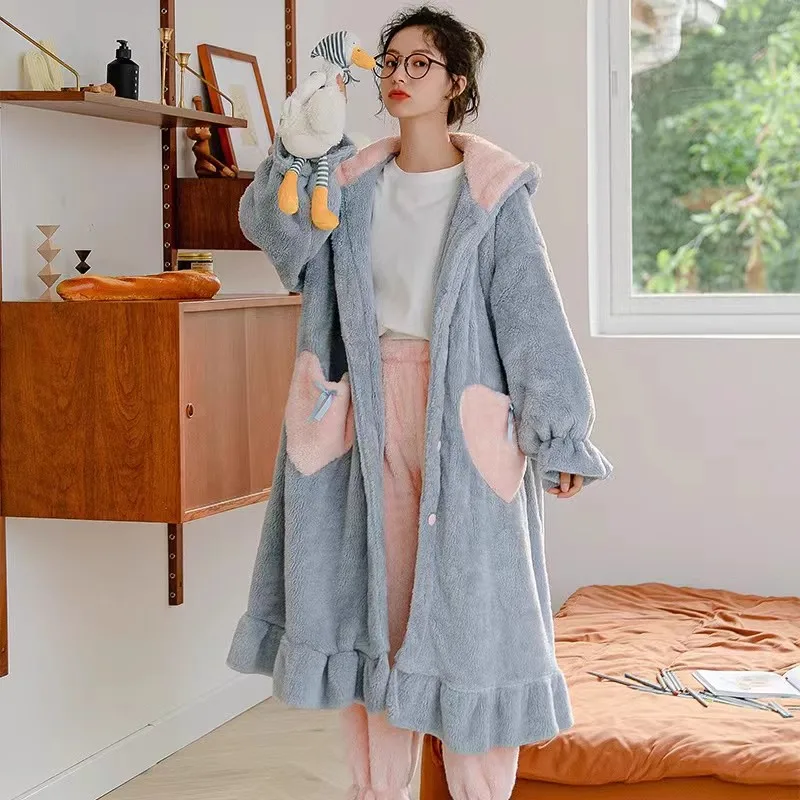 

Kawaii Women's Pajamas Set Flannel Sleepwear Button Down Long Nightgown and Pants Pajama 2 Piece Suit Pyjama Femme Nightdress