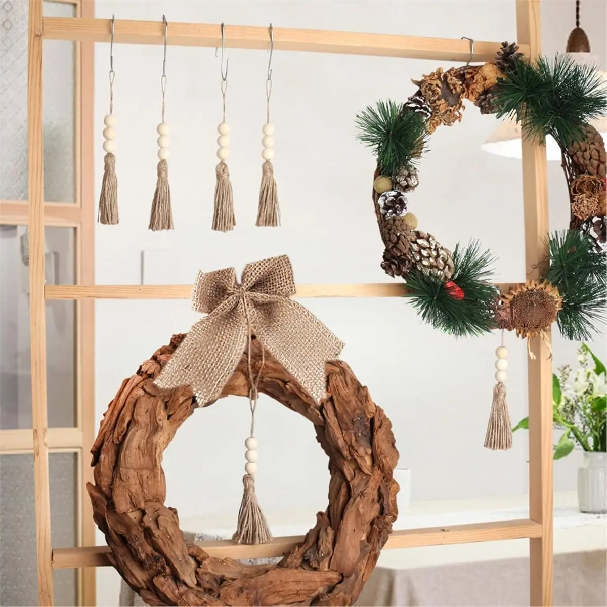 2026 New 20 Pack Jute Rope Tassel with 3 Wood Beads, HempRope Burlap Tassels DIY Craft Wood Beads for Wedding Home Party