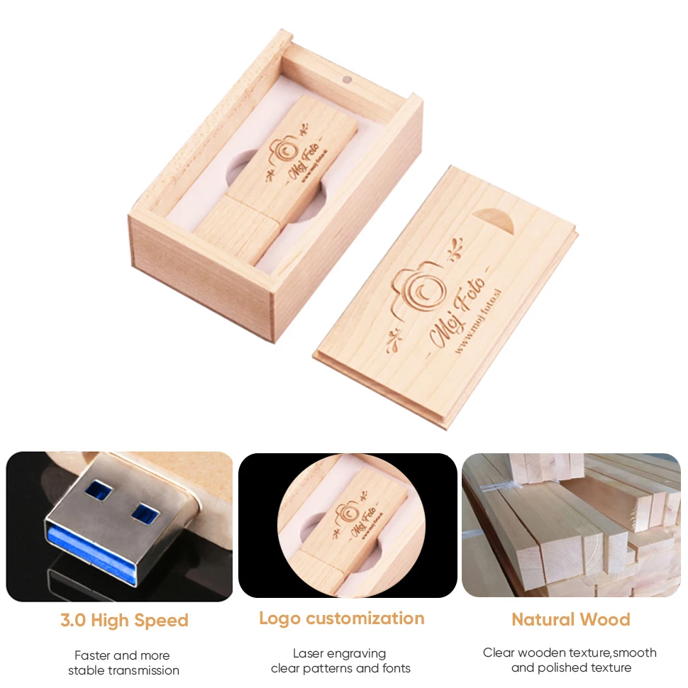 JASTER USB 3.0 Customized Logo Wooden Bamboo USB with Box USB Flash Drive Memory Stick Pen Drive Pendrive 8GB 16GB 32GB 64GB