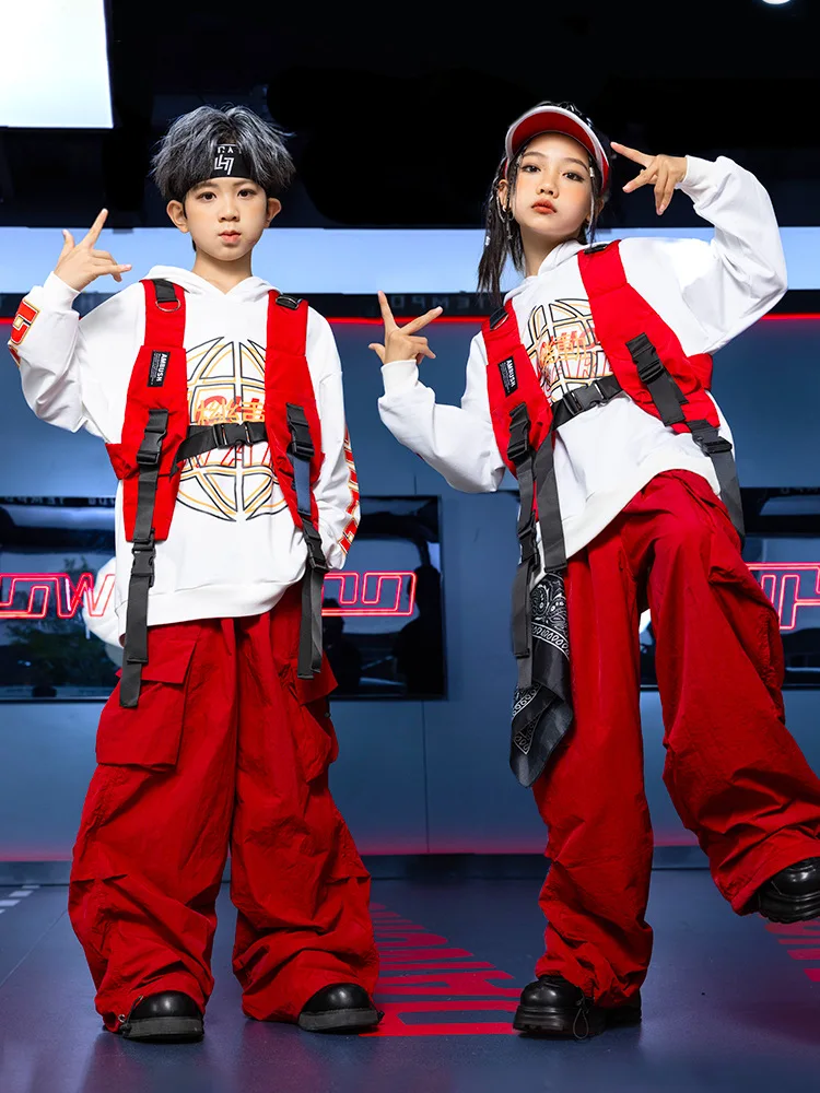 

Kid Kpop Hip Hop Clothing White Hoodie Sweatshirt Top Red Vest Casual Ruched Cargo Pants for Girl Boy Jazz Dance Costume Clothes