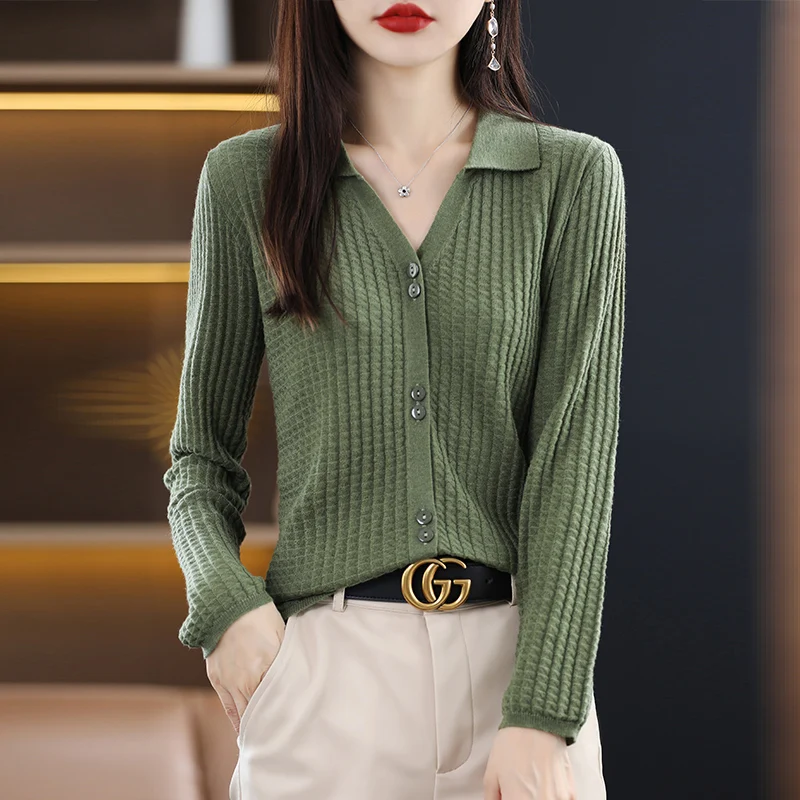 

Polo Neck Cardigan V-neck Knitted Cardigan Jacket Women's 2023 Spring and Summer New Thin Sweater Loose Top Sweater