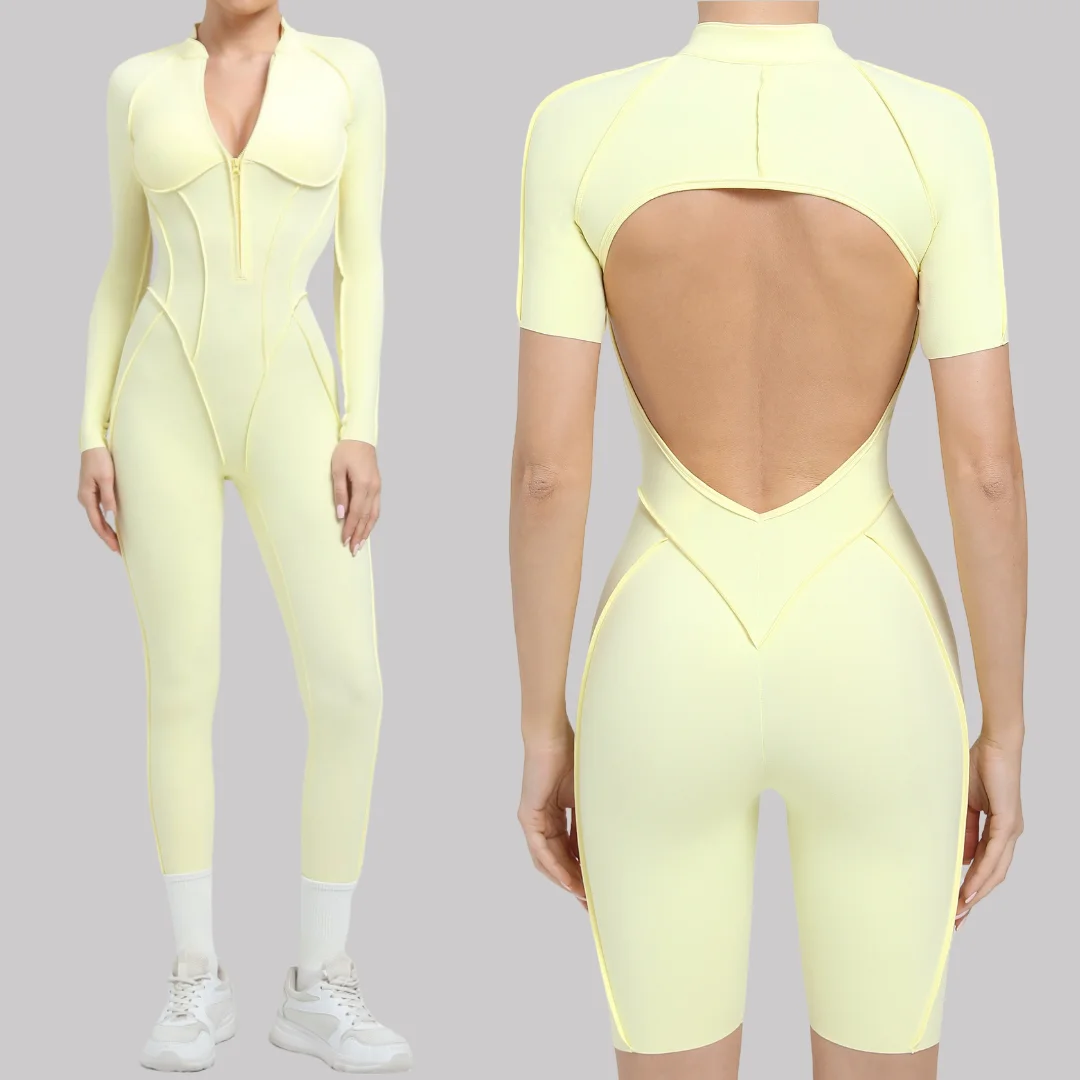 

Yoga Jumpsuits Sports Fitness Hip-lifting Tights Backless Short Sleeve Zipper One-piece Workout Clothes Gym Sportswear for Women