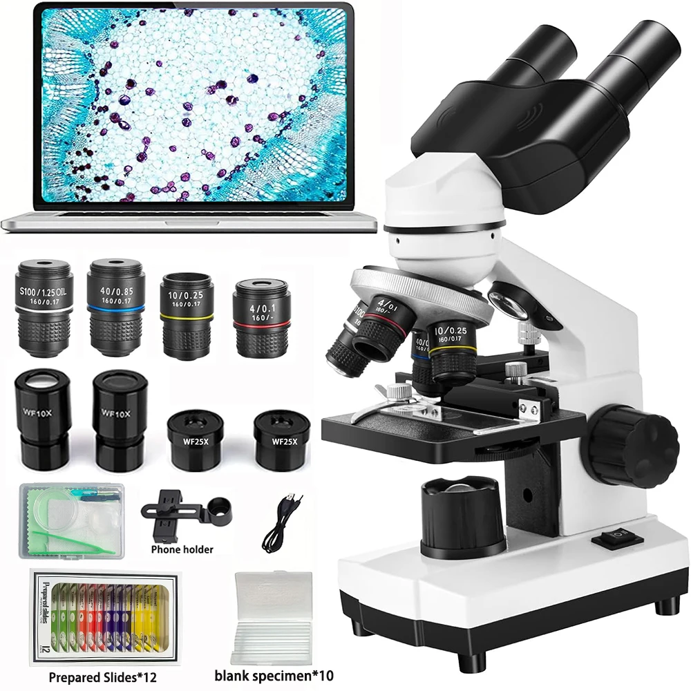Binocular Microscope 40X-2500X HD Laboratory Microscope Kit for Scientific Research, School Education & Home Use