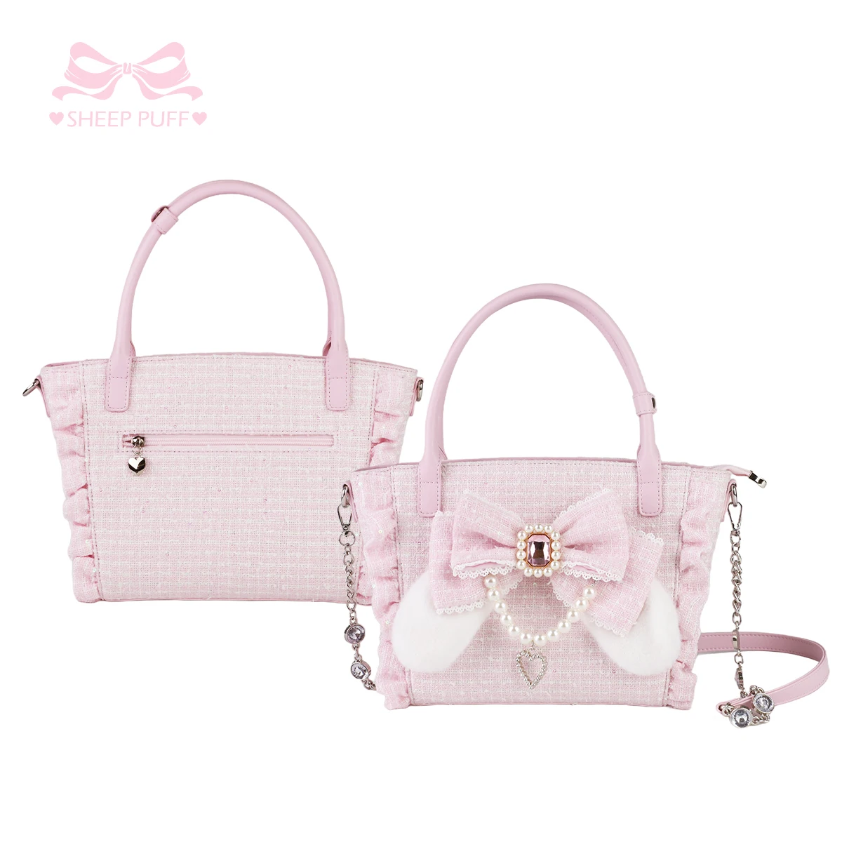 Japanese Original Lolita Handbag Rhinestone Removable Pearl Chain Heart-shaped Lace Edge Cosmetic Bag  Commuter Messenger Bag
