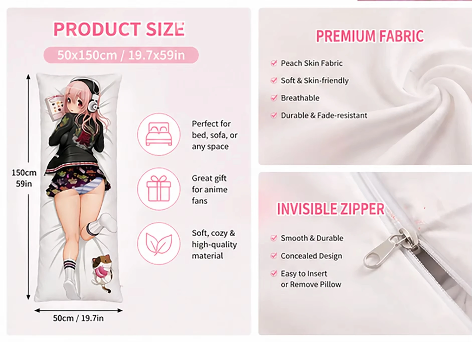 S-Super Sonico Dakimakura Cover, Anime Girl Print Body Pillow Case 50x150cm, Polyester Pillowcase for Bedroom Sofa, Otaku Home