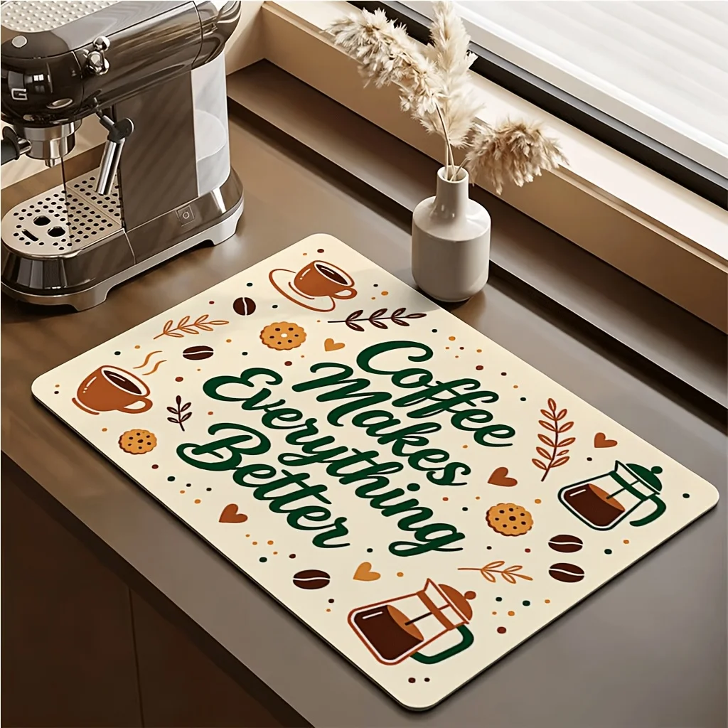 Butterfly Green White Flower Print Durable Washable Kitchen Countertop Drying Mat For Home Workspace Tray