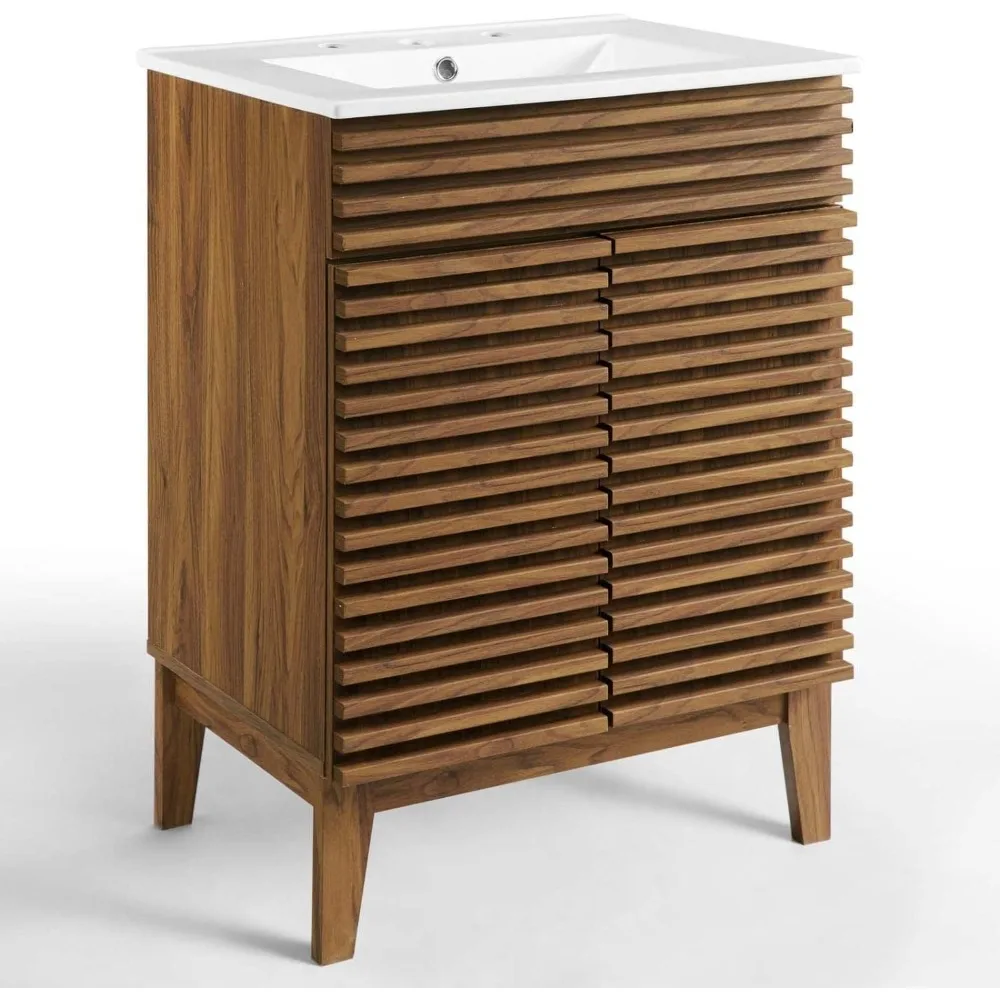 

Render Mid-Century Bathroom Vanity With Sink in Walnut White,24 Inch