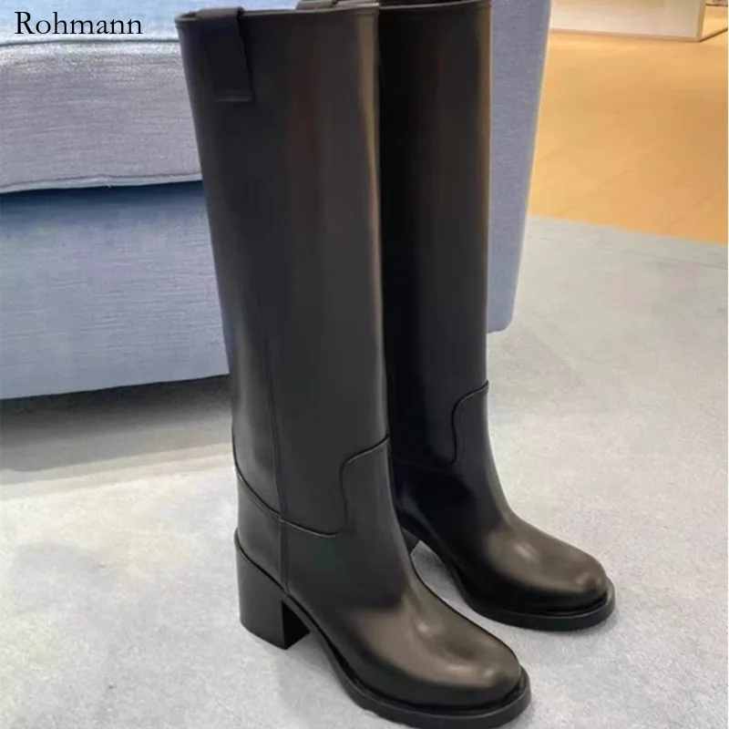 The new fashionable winter block heel wide tube high new leather sleeve looks thin but not knee-high knight boots