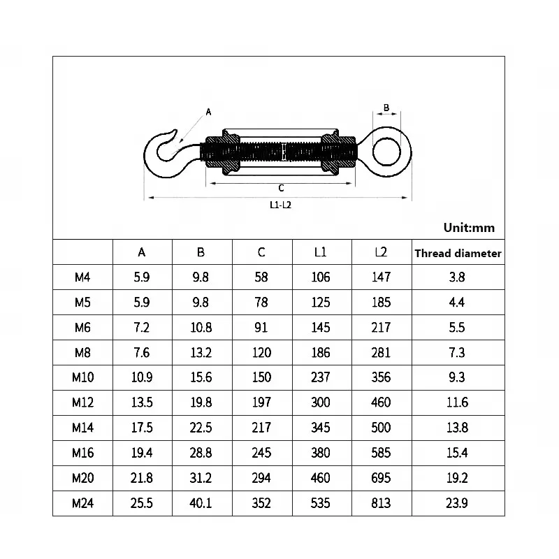 1Pc 304 Stainless Steel Hook And Eye OC Type Turnbuckle / European Closed Body Swage Turnbuckle M4 M5 M6 M8 M10 M12 M14 M16 M20