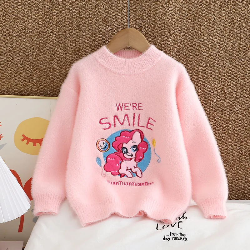 

Мой маленький пони норковый кашемировый свитер для детей, осенне-зимний вязаный пуловер с круглым вырезом для девочек, плюшевый теплый трикотаж, модный свитер