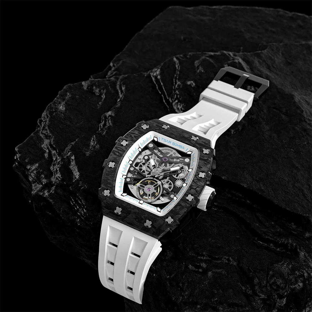 TSAR BOMBA Top Brand Mens Automatic Watches Skeleton Mechanical Clock Waterproof Luxury Fashion WristWatch for Men Carbon Fiber