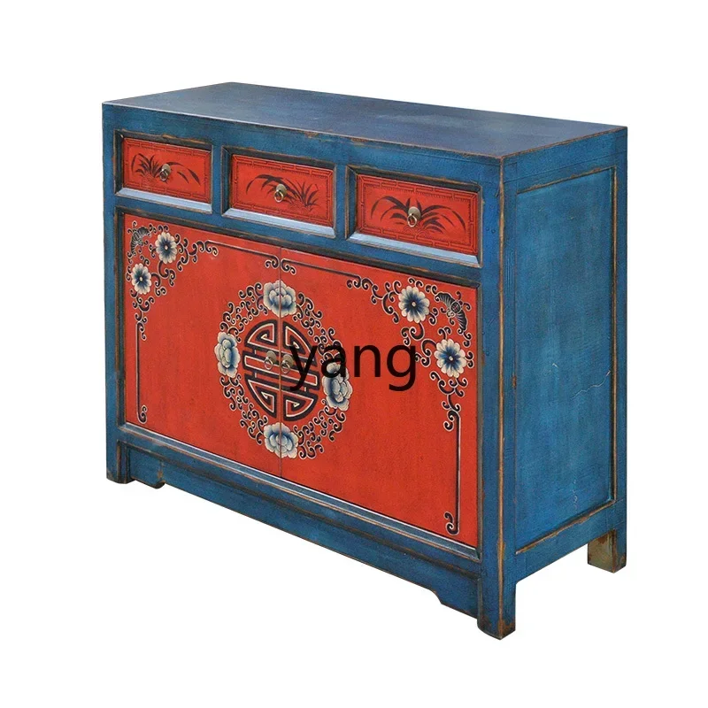 

ZL Chinese painted shoe cabinet antique dining side cabinet living room decorative cabinet solid wood furniture