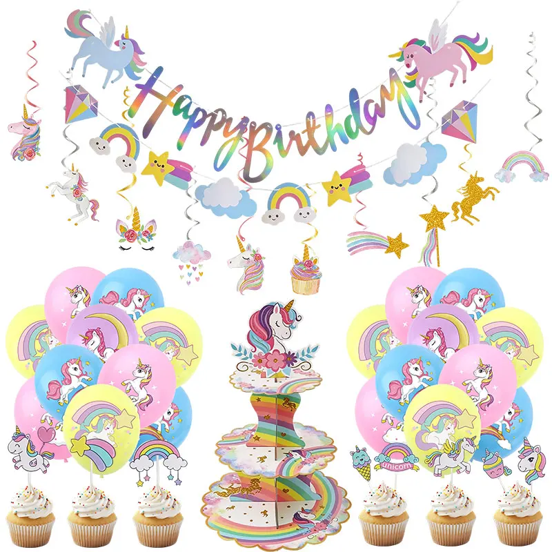 Unicorn Theme Birthday Decoration Set Rainbow Disposable Tableware Plates Cups Napkins Tablecloth Balloons Girls Party Supplies view 5