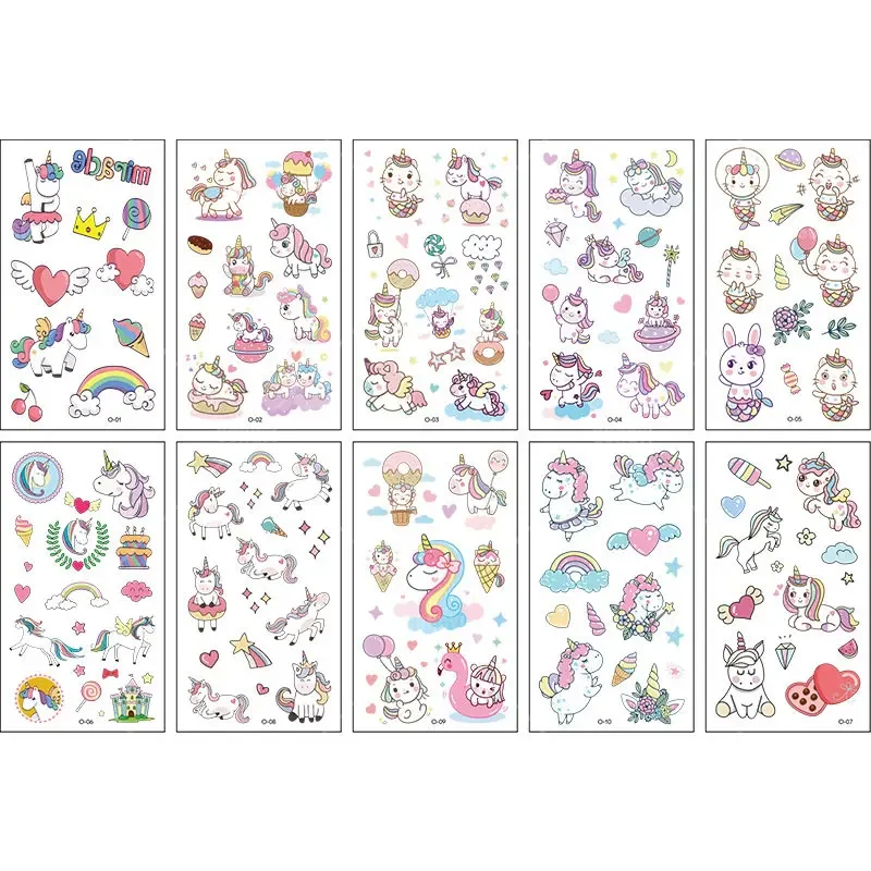 10Pcs/Set Child Tattoo Sticker Unicorn Princess Temporary Fake Kids Tatoo Girl Arm Hands Body Waterdichte Tatouages Pour Enfants