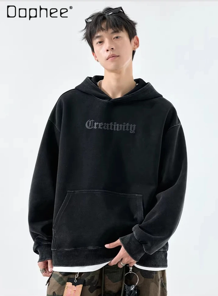 

2024, весна и осень, новый американский уличный стиль, мужская свободная повседневная бархатная толстовка с буквенным принтом черного цвета, хаки