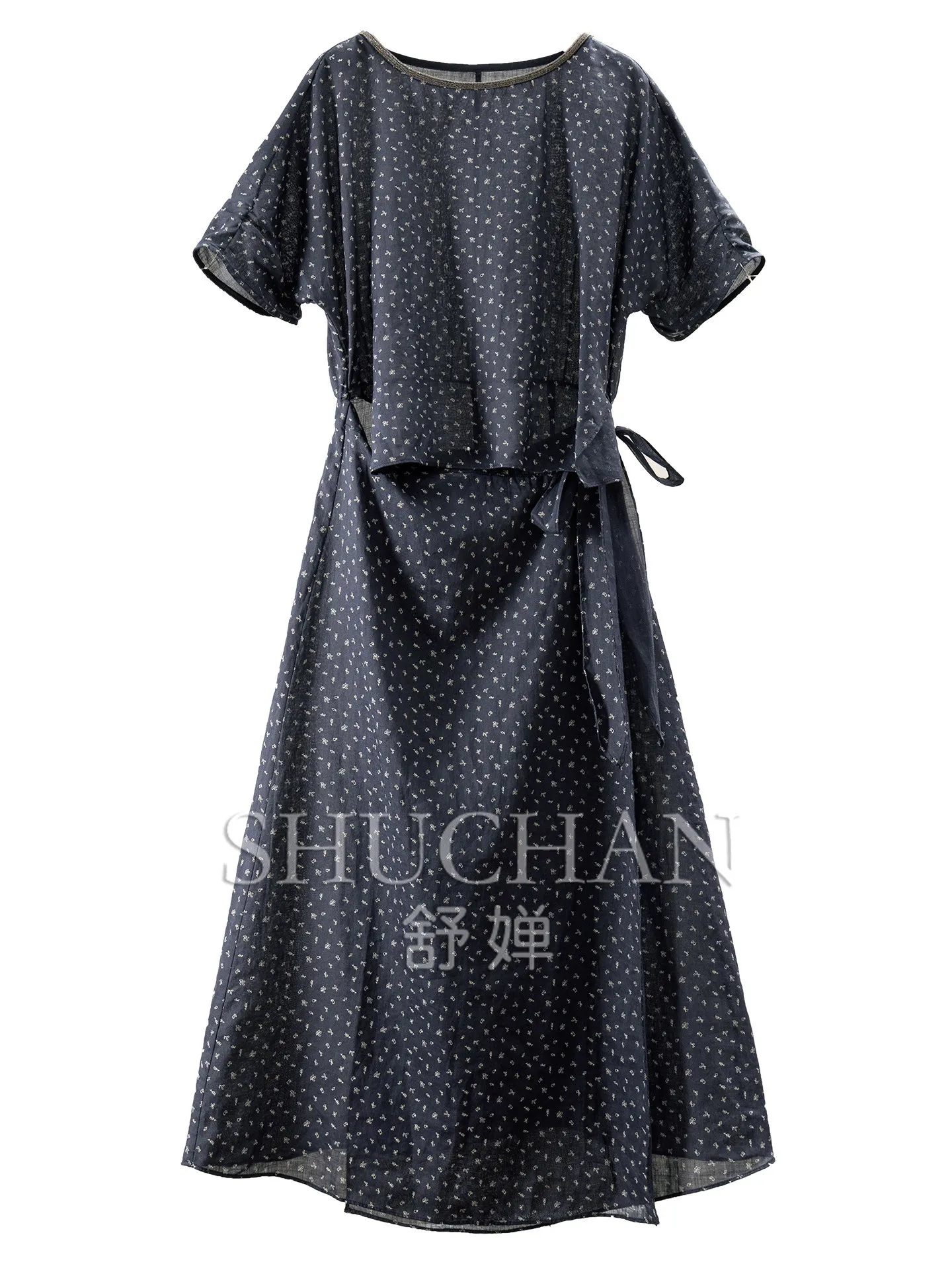 

Navy Blue Fengshen Dresses Magic Cabinet Fake Two-piece Laminated Small Floral Wrap Ramie Dress Women 39M9