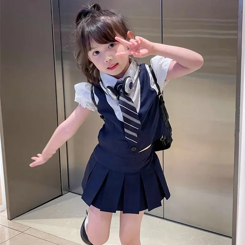 Children\'s Clothing Set Girls Academy Fake Two piece Short sleeved Top+Tie+Pleated Skirt 3Pcs 2024 Summer New School Uniform