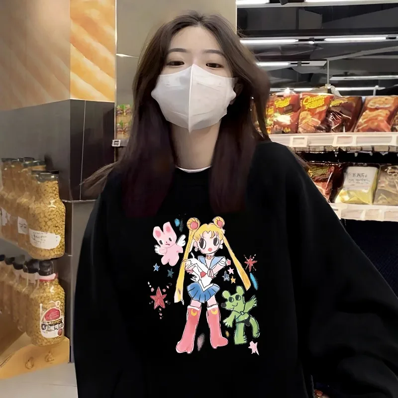 2025, Herbst/Winter, neuer verdickter Samt-Damen-Sailor Moon Warrior, Anime-Charakter, bedruckt, Rundhalsausschnitt, lange Ärmel, lockerer Kapuzenpullover