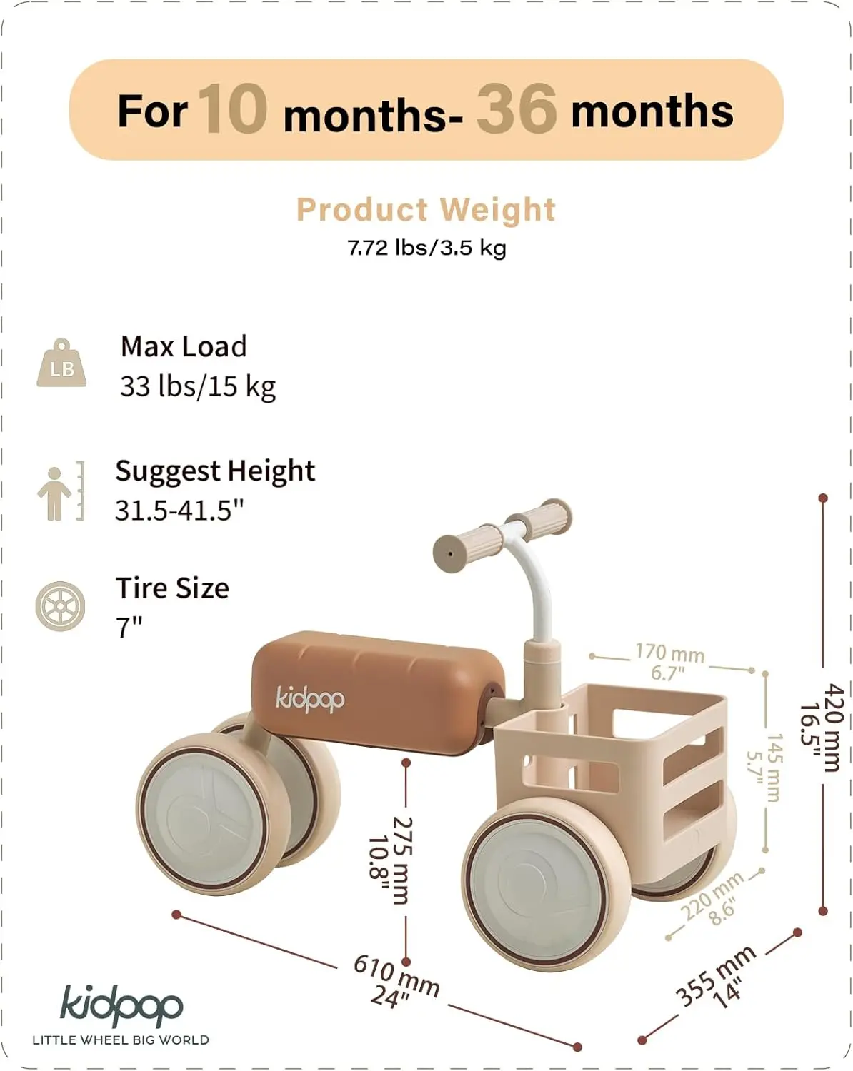 Wózek do chodzenia Toast Baby Walker, konwertowalny w rowerek, z odłączanym siedziskiem, ramą antyprzechylną i koszykiem z materiałów spożywczych, rowerek biegowy dla dzieci w wieku 10-36 miesięcy.