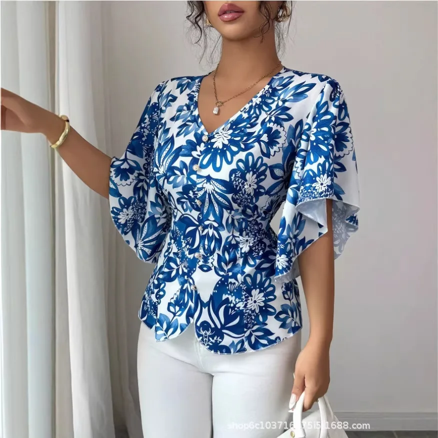 

2026 Deep V Floral Print Waist-cinching Lace Sleeve Women's Elegant Top Women's Casual Dresses Maxi Outfits Robe Vestidos
