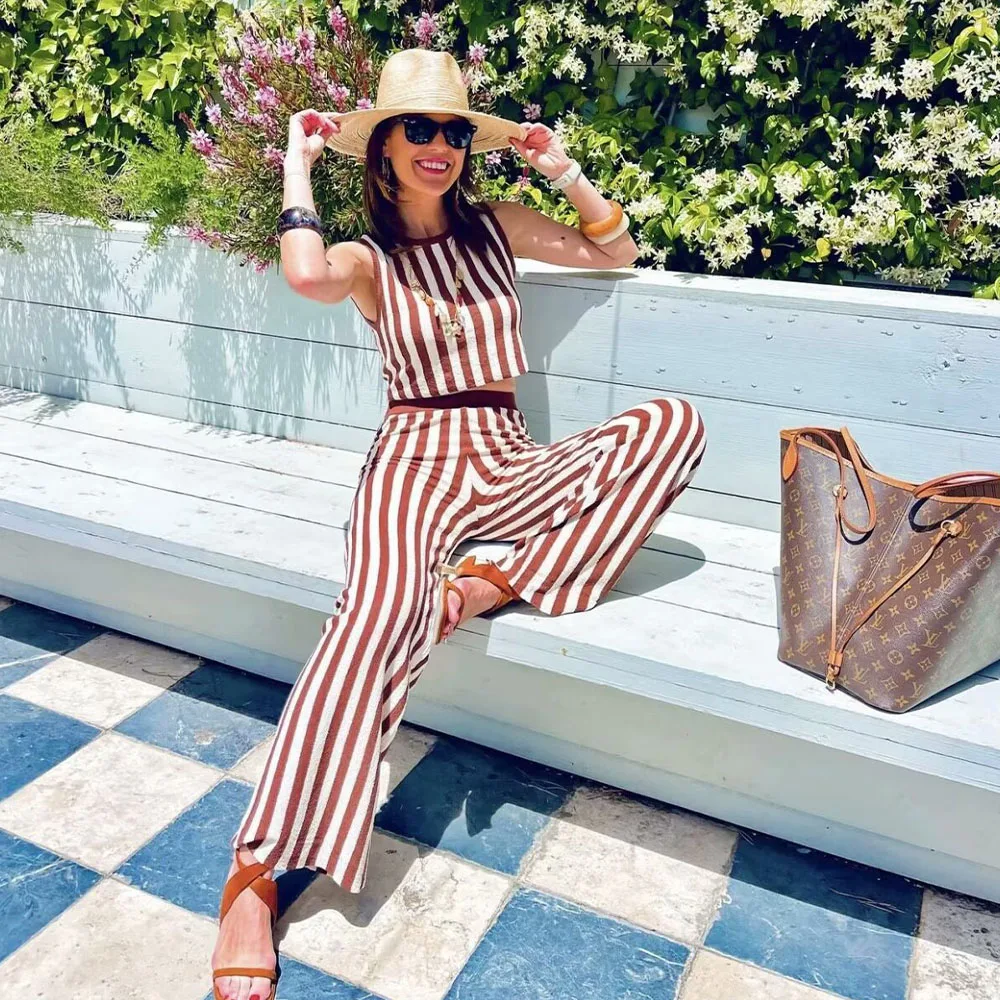 2024 Summer New Fashionable Women\'s Wear Elegant Design with European and American Style Knitted Stripe Top&Pant Set