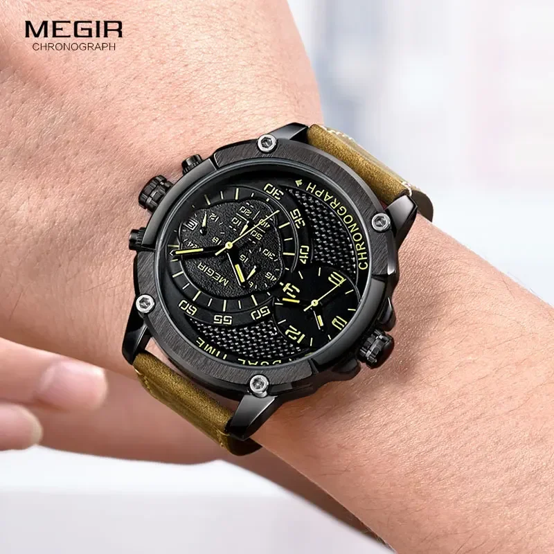 MEGIR Men's Double Time Zone Chronograph Quartz Watches Waterproof Lumious Leather Band Army Sports Wristwatch for Man 2093G-BK