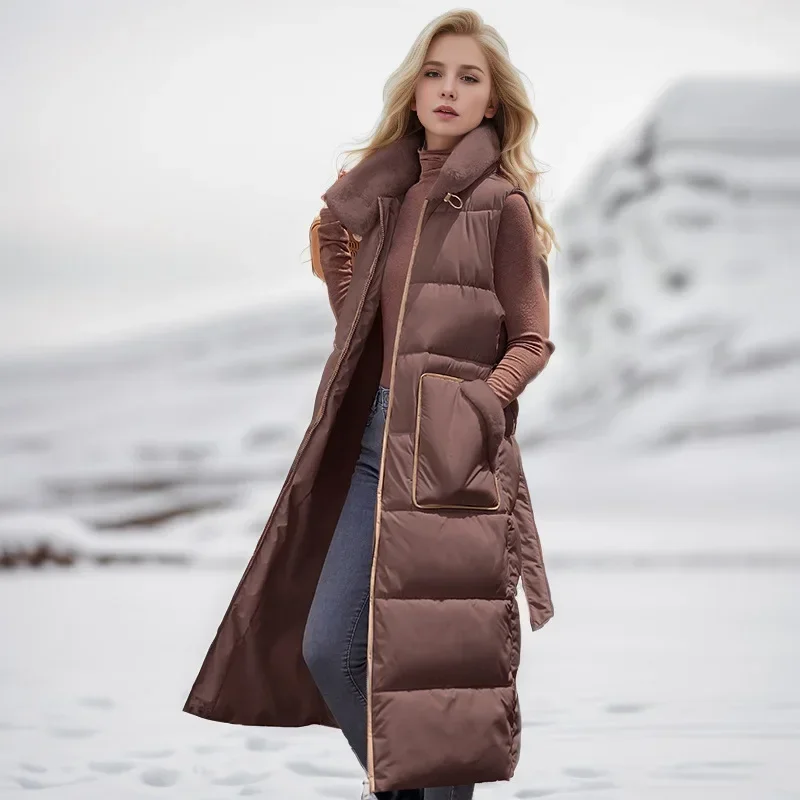 2024 Winter New Long Women\'s Down Cotton Vest Jacket Stylish And High-End Plush Stand Collar Cinched Waist Slimmer Warm Jacket