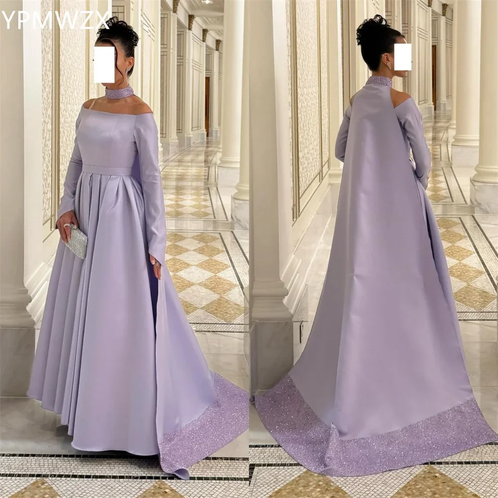 

Customized Evening Dress Party Occasion Prom Gown Formal YPMWZX High Collar A-line Floor Length Skirts Draped Stole Bead