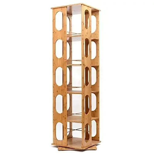 360 Rotating Natural Bamboo Bookcase,Bookshelf with Removable Adjustable Divider