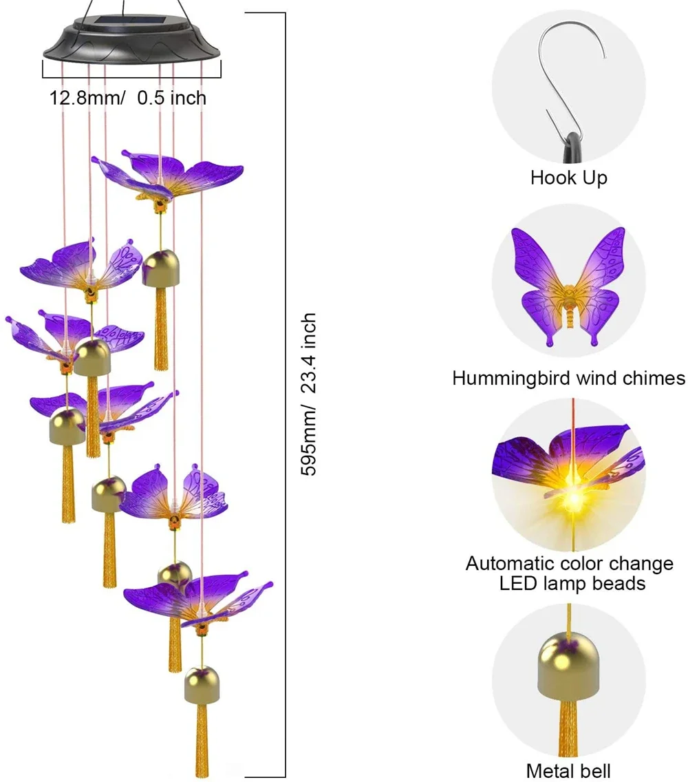 Pendurado Solar Wind Chime Light, Butterfly Bell, mudança de cor, lâmpada impermeável para jardim, quintal, exterior, decoração do jardim