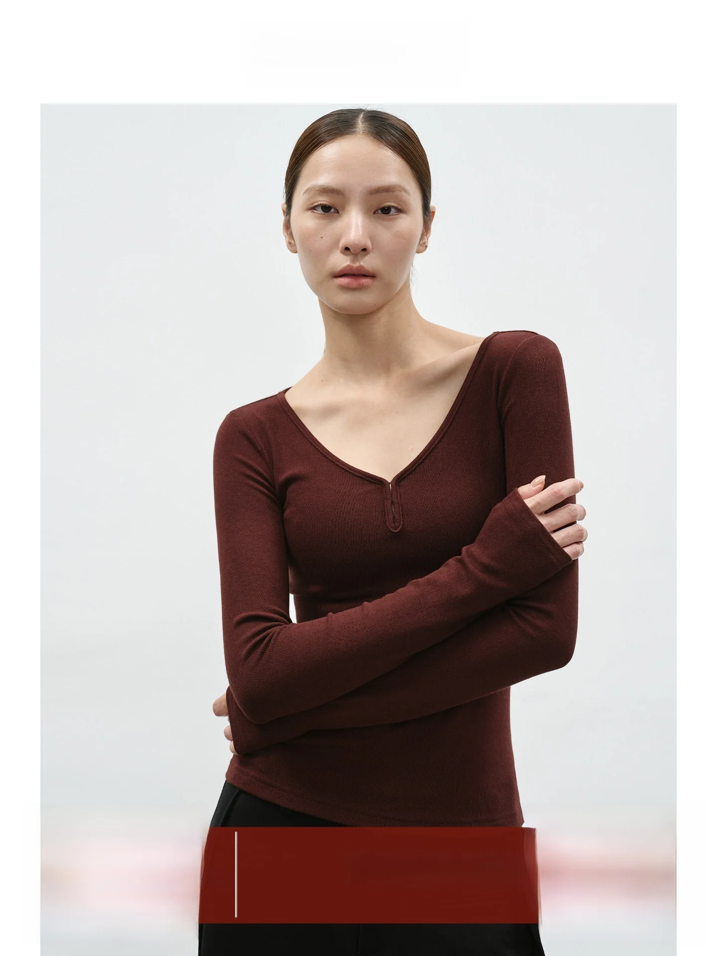 

EIGHTHMONTH August Wine Red V-ne Long Sve Casual Waist-cinching T-irt Women's Stripe Base irt Pullover Top