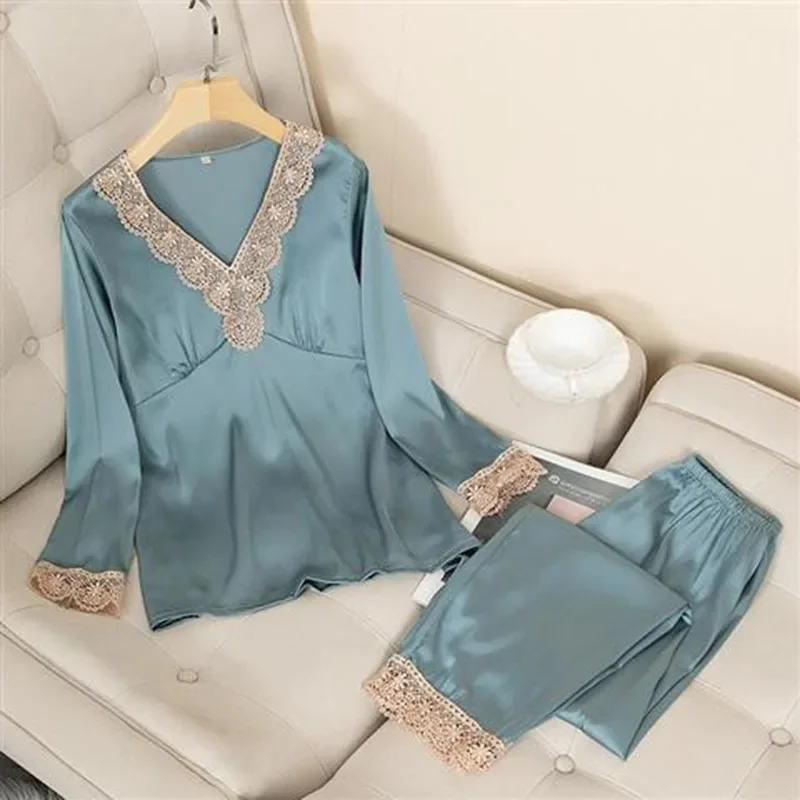 

4911c-4 Womens Silk Satin Pajamas Pyjama set Sleepwear Pajamas Suit Female Sleep Two Piece Set Loungewear Home Wear49b1-1