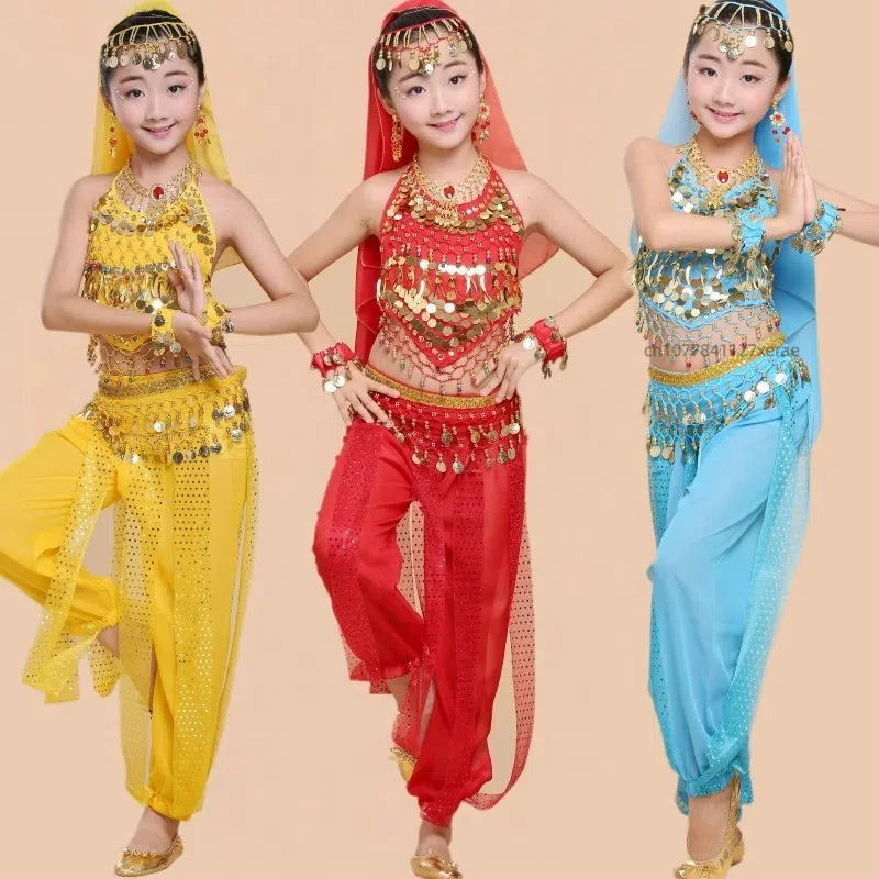 زي أداء الرقص الهندي للفتيات مع بلوزة مطرزة وسراويل فانوس مجموعة أزياء أداء الرقص العرقي