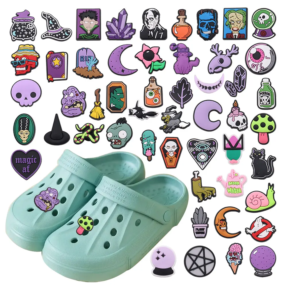 50PCS/set Horror Skull Head Magic Shoes Charms Silicone Shoe Accessories Wristband Hole Slipper Decor Adult Kids X-mas Gift