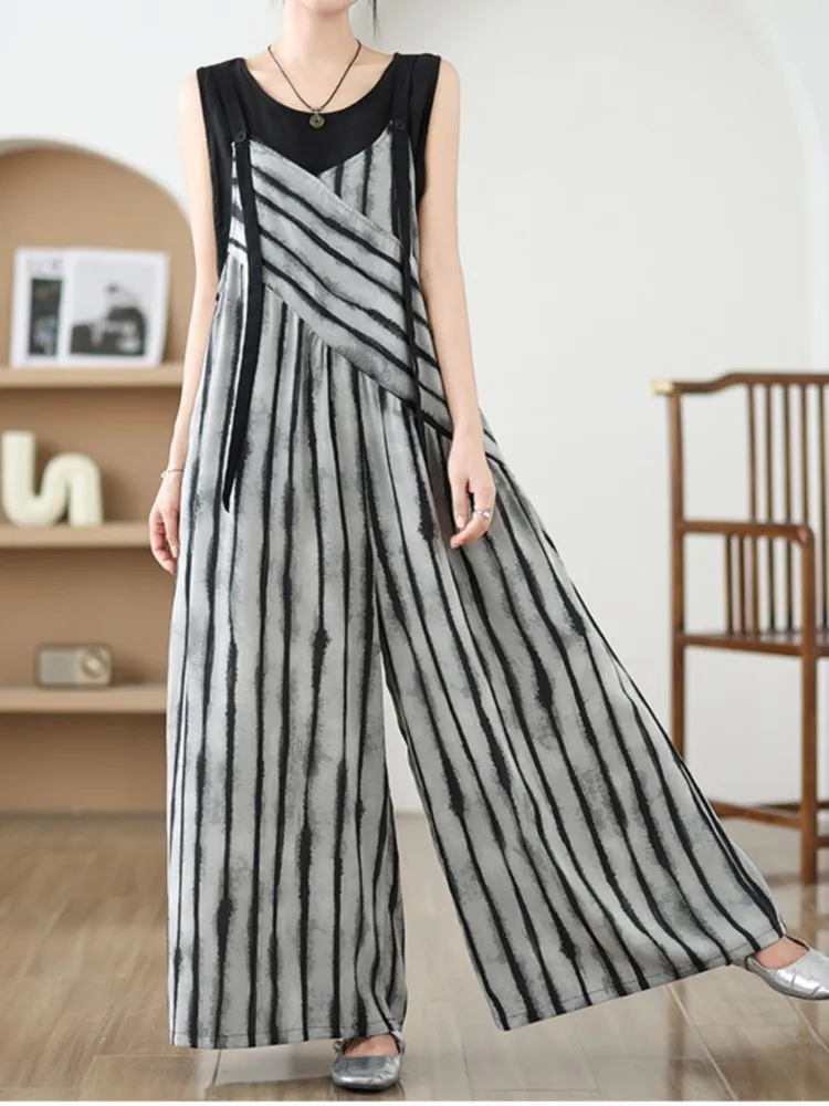 Oversized Summer V-Neck Slip Jumpsuit Women Striped Print Fashion Ladies Jumpsuits Casual Loose Wide Leg Pleated Woman Jumpsuits