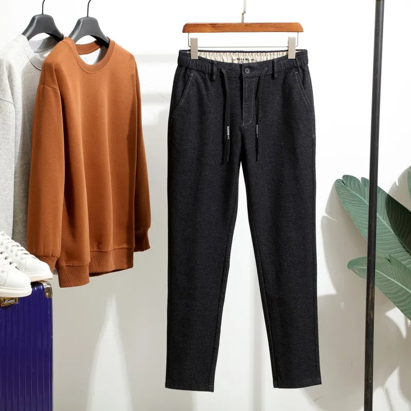 

High Quali Comfortable Men's Casual Long Pants Elastic Waist Fce Lined Faionable Urban Sle Autumn Winter Trousers