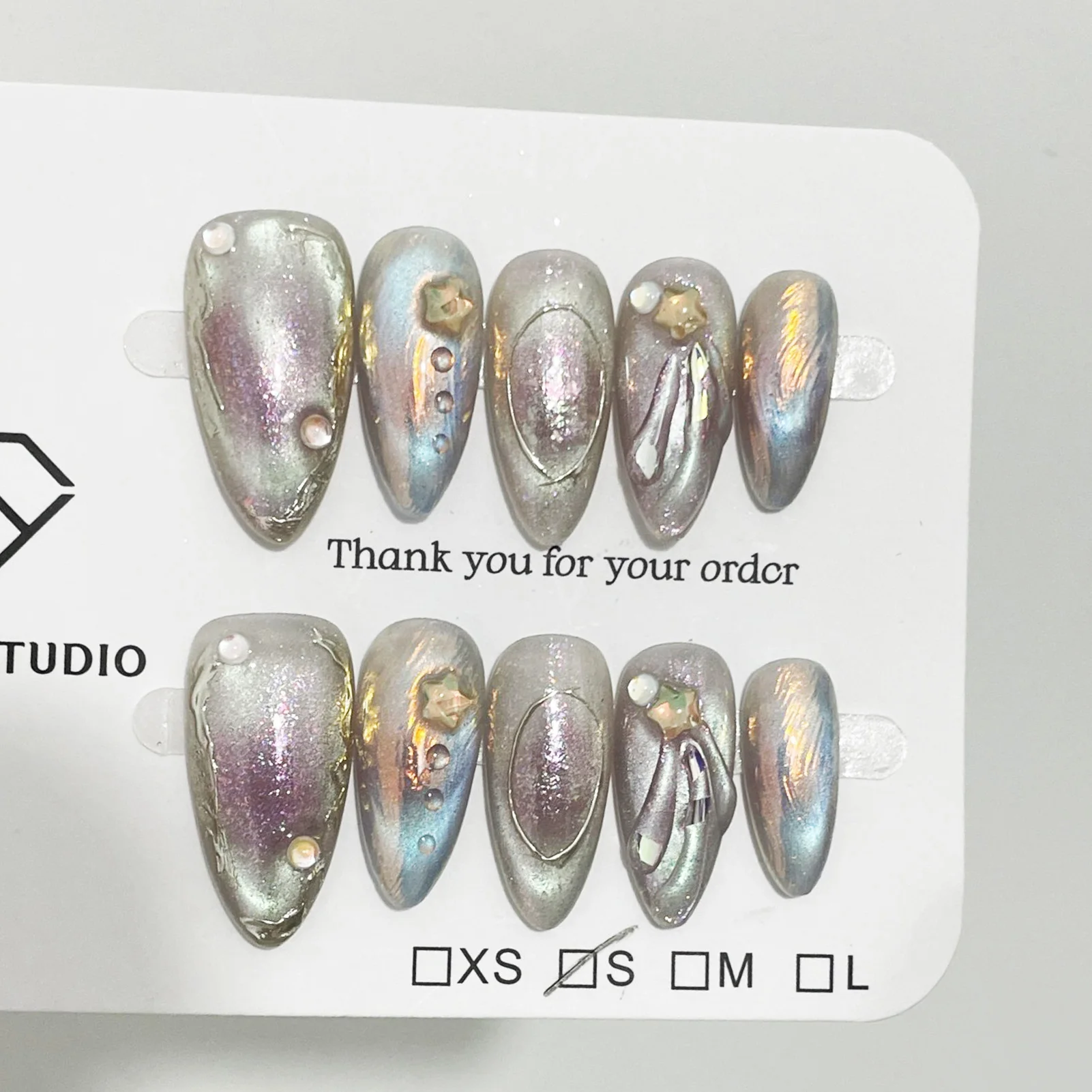 10pcs Handmade Aurora Almond False Nails Fantasy Mermaid Cat's Eye Press On Nails Full Cover Summer Detachable Fake Nail Tips